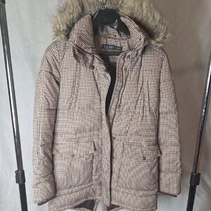 Lauren Ralph Lauren Checkered Parka with Faux Fur Trim